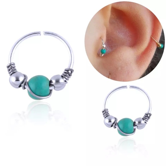 🌺 Absolutely stunning Bohemian Green Bead Nose Round Hoop Piercing ring - Picture 14 of 15